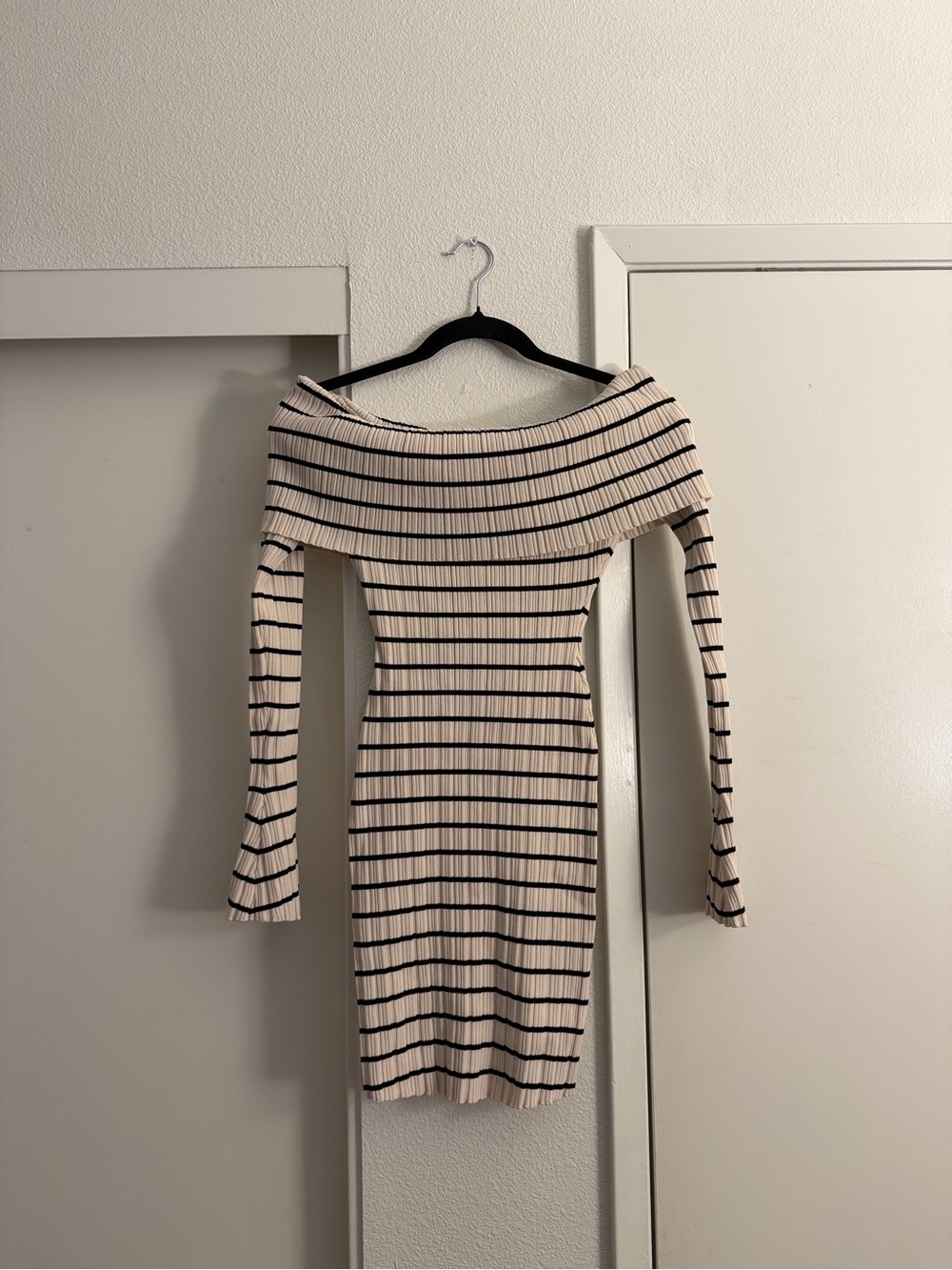 Meshki Cream and Black Off-Shoulder Striped Ribbed Dress